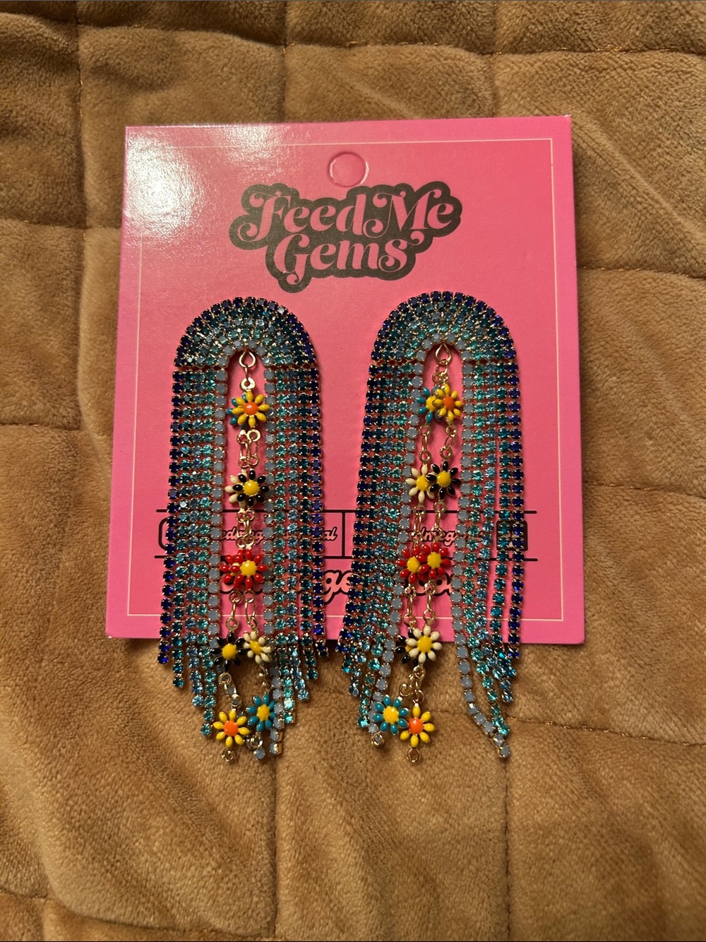 Feed me gems blue rainbow flower earrings